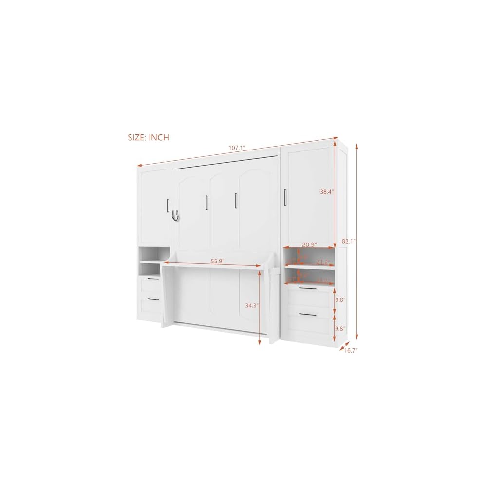 LUMISOL Full Murphy Bed with Desk, Storage Cabinet & Closet, White
