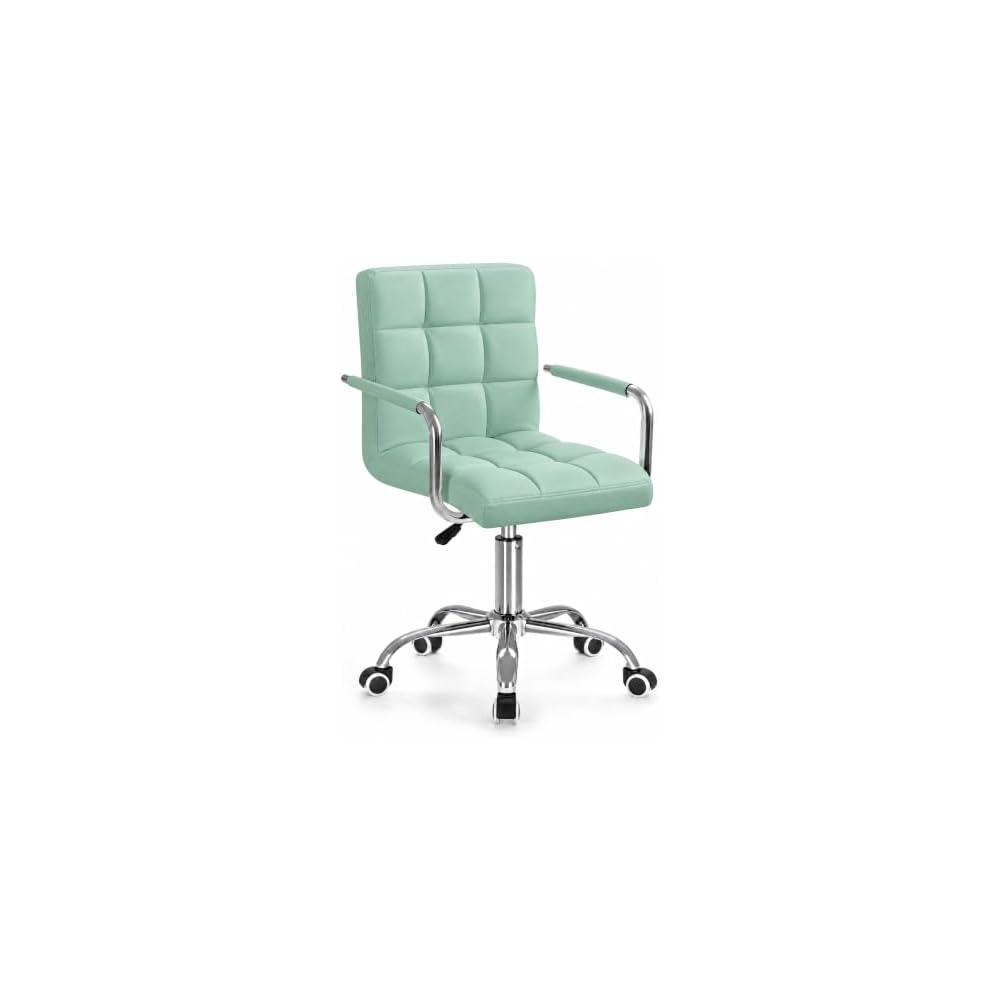 Furmax Small Office Chair with Wheels, Vanity PU Leather Desk Chair Modern Adjustable Home Desk Retro Comfortable Work Chair 360 Degree Swivel with Arms (Light Blue)
