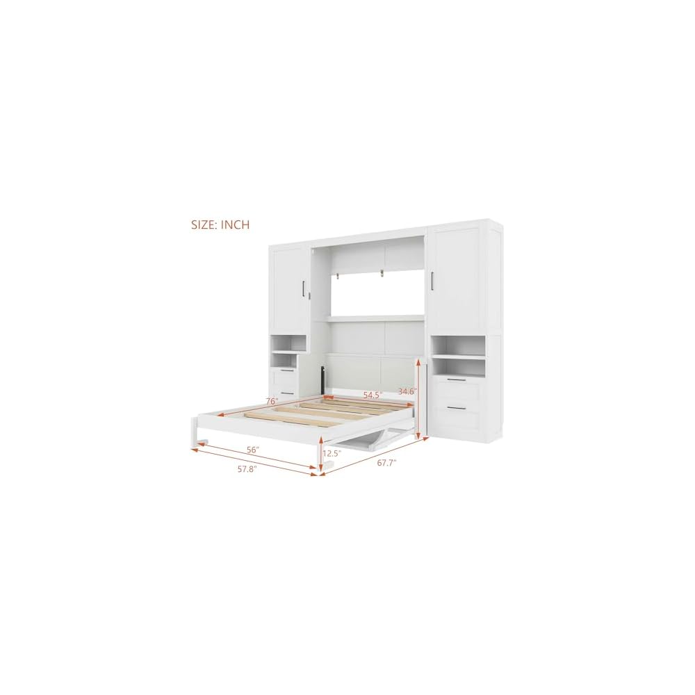 LUMISOL Full Murphy Bed with Desk, Storage Cabinet & Closet, White