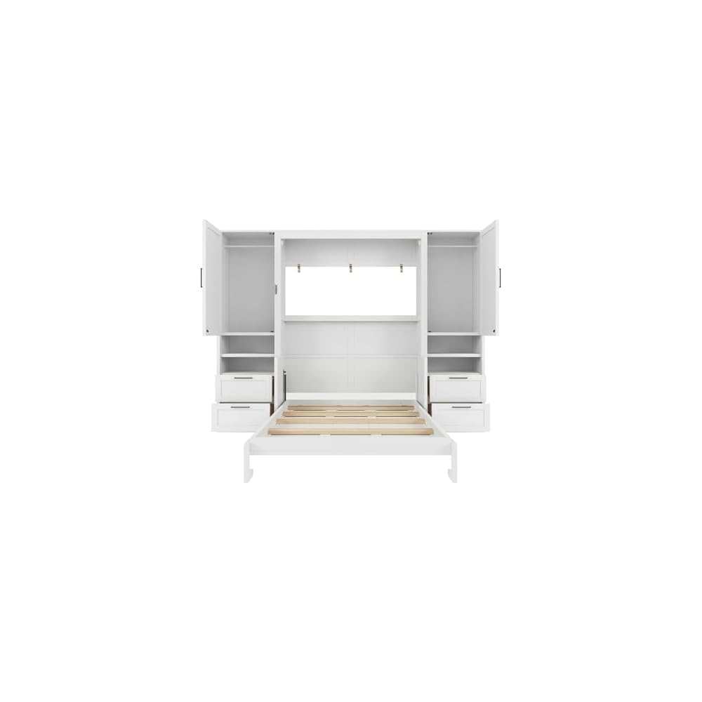 LUMISOL Full Murphy Bed with Desk, Storage Cabinet & Closet, White