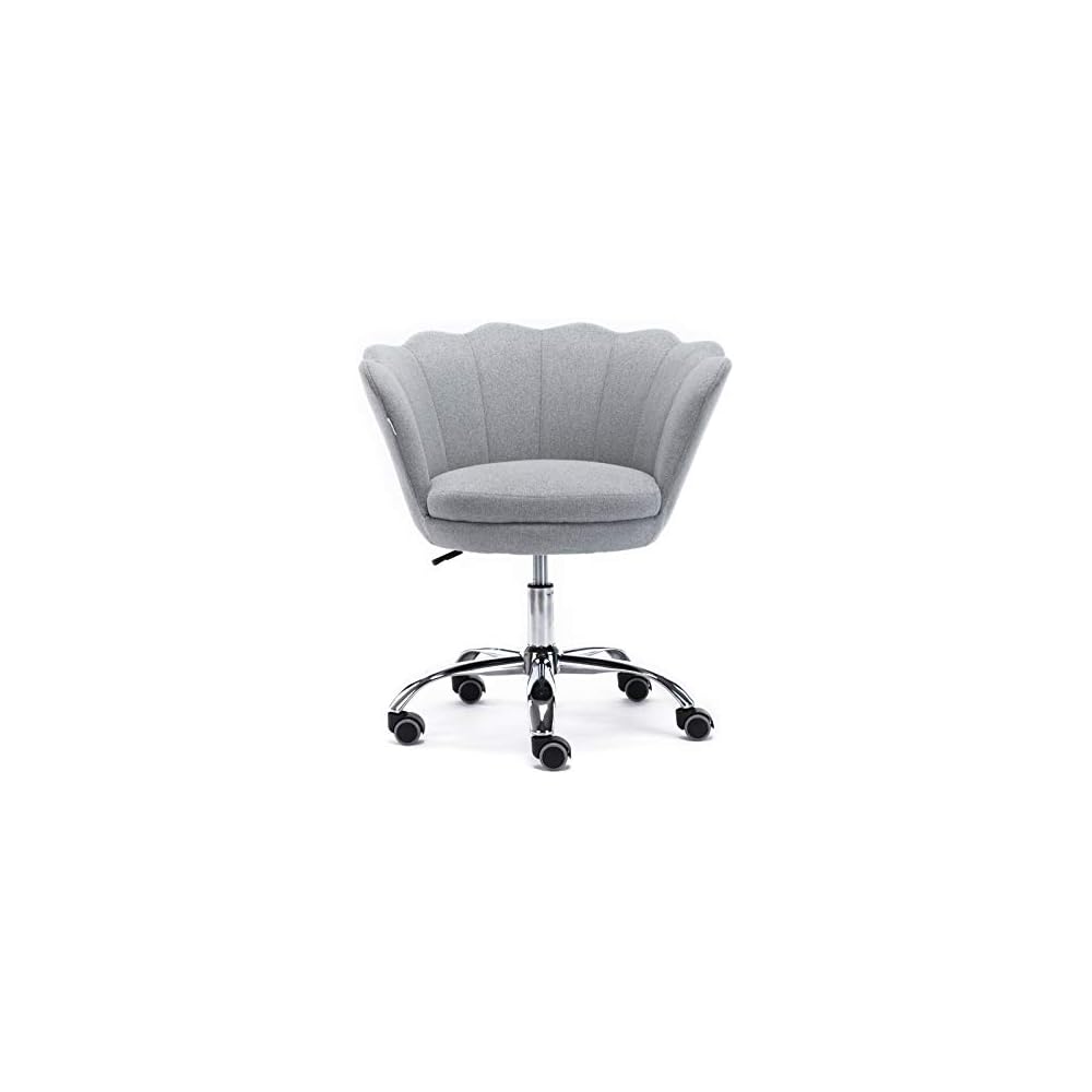Home Office Chair, Cute Modern Desk Chair Linen Upholstered Shell Chair for Women Adjustable Swivel Vanity Chair for Bedroom Living Room, Height-Ajustable (Grey)