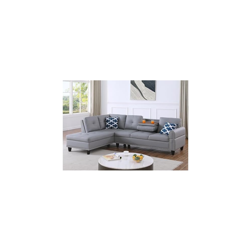 Ball & Cast 98" L Shaped Sectional Couch for Living Room with Storage Ottoman&Nailhead Trim,4 Seat Faux Leather Upholstered Modular Sectional Sofa Set 3 PCS W/Chaise&Cup Holders,for Home,Office,Gray