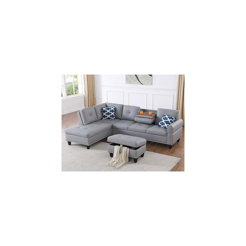 Ball & Cast 98" L Shaped Sectional Couch for Living Room with Storage Ottoman&Nailhead Trim,4 Seat Faux Leather Upholstered Modular Sectional Sofa Set 3 PCS W/Chaise&Cup Holders,for Home,Office,Gray