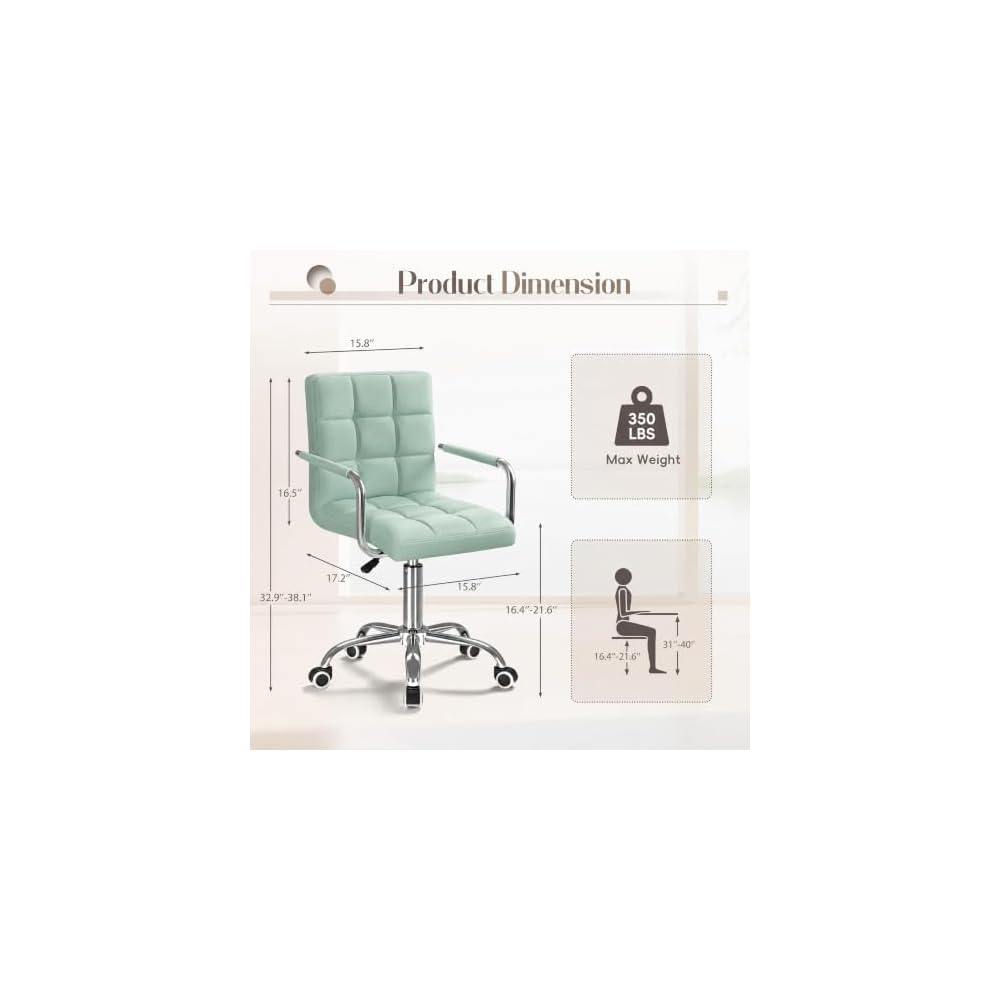 Furmax Small Office Chair with Wheels, Vanity PU Leather Desk Chair Modern Adjustable Home Desk Retro Comfortable Work Chair 360 Degree Swivel with Arms (Light Blue)