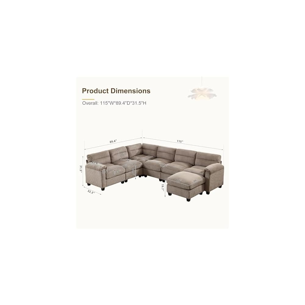 HAOMARKETS 115" Modular Sectional Sofa Couch with Movable Ottoman, Oversized Corduroy U Shaped Sectional Couches with Rolled Arms, 7-Seater Corner Sofas with Reversible Chaises for Living Room, Brown