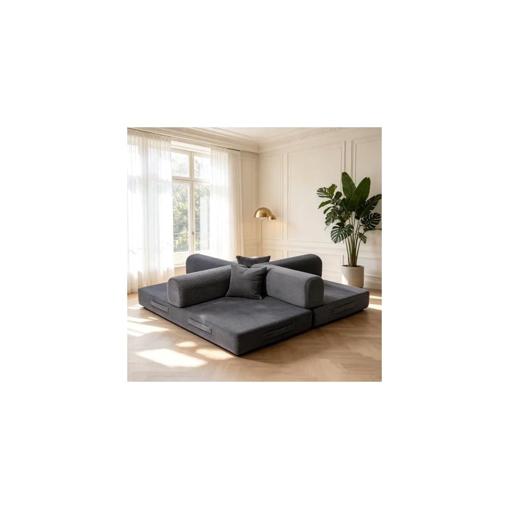 4-in-1 Floor Sofa King Size No Assembly, Upholstered Boneless Pull Out Couch Bed with 2 Pillows, Oversized Corduroy Foam Compressed Sofa Couch in A Box for Living Room Sleeper (Grey)