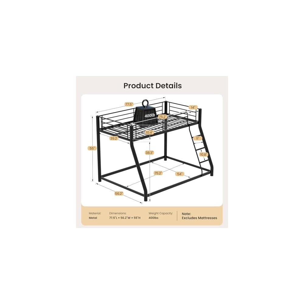 Twin over Full Bunk Bed, Heavy Duty 400 lbs Bed Frame, Low Profile Design