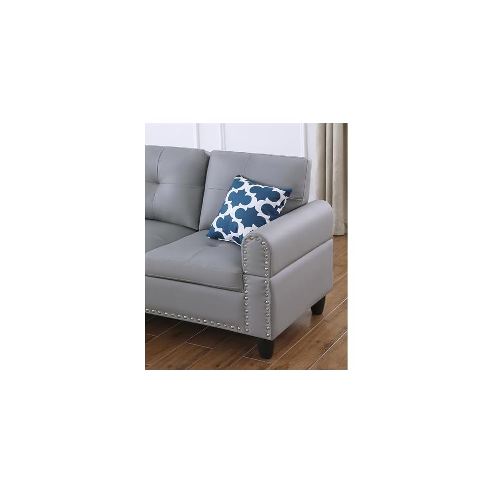 Ball & Cast 98" L Shaped Sectional Couch for Living Room with Storage Ottoman&Nailhead Trim,4 Seat Faux Leather Upholstered Modular Sectional Sofa Set 3 PCS W/Chaise&Cup Holders,for Home,Office,Gray