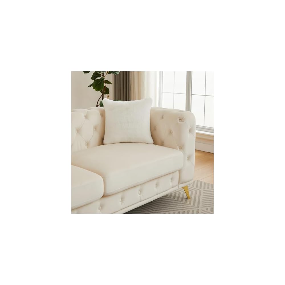 KEIKI 83" Luxury Oversized Velvet Chesterfield Sofa with 2 Pillows, Mid-Century Style 3-Seater Tufted Buttons Couch with High-Density Foam Cushions, Easy Assembly, for Apartment, Living Room, Beige