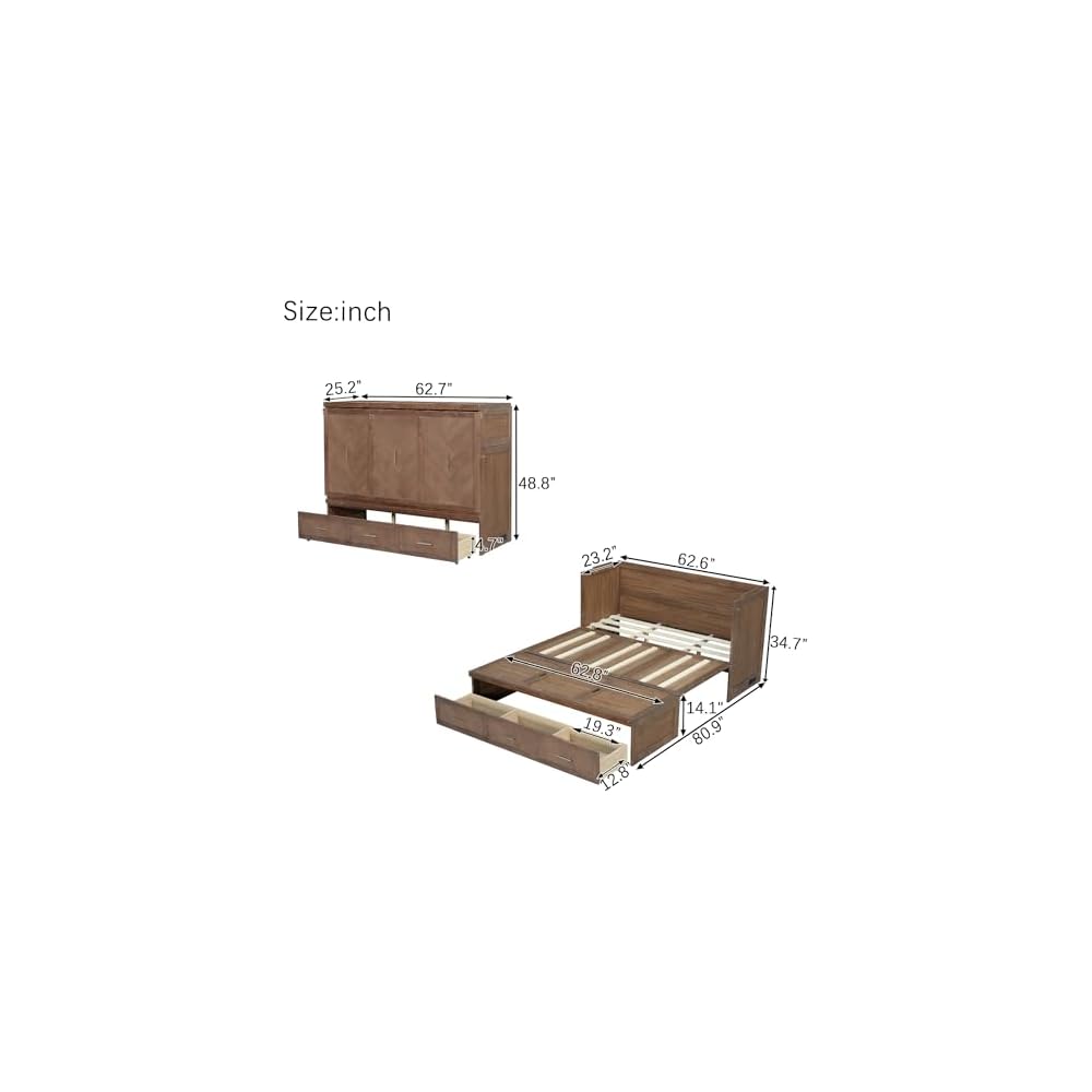 Bellemave Queen Size Murphy Bed with Charging Station and Storage, Farmhouse Murphy Bed with Foldable Panel for Guest Bedroom, Living Room, Office, Light Walnut