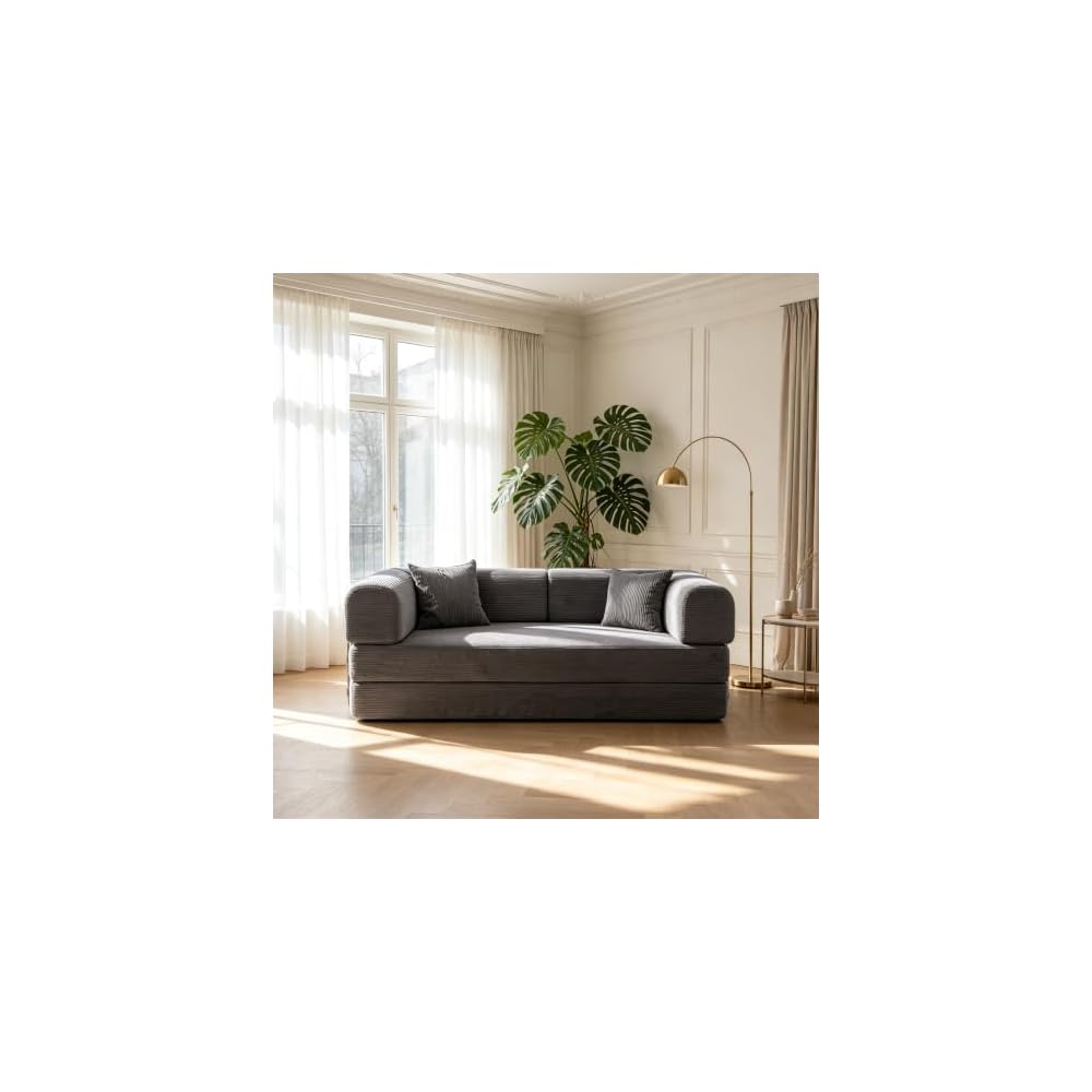 4-in-1 Floor Sofa King Size No Assembly, Upholstered Boneless Pull Out Couch Bed with 2 Pillows, Oversized Corduroy Foam Compressed Sofa Couch in A Box for Living Room Sleeper (Grey)