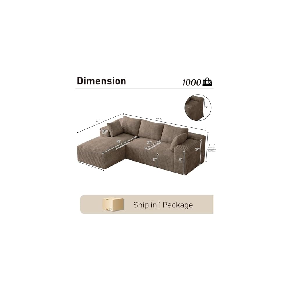 96" L-Shaped Cloud Boneless Couch Sofa with Chaise, Brown