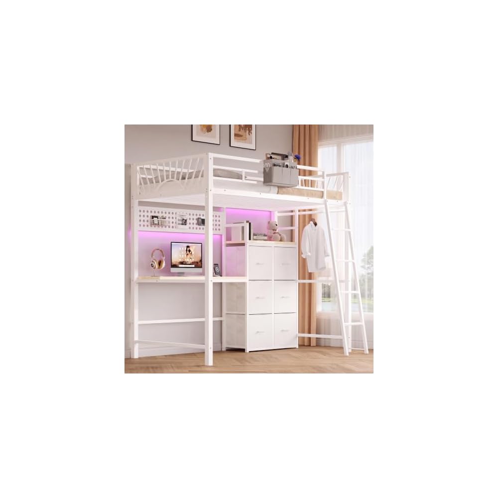 Decofy Twin Loft Bed with Desk and 6 Storage Drawers, Metal Twin Size Loft Beds with Charging Station & LED Lights, Bed Frame with Hanging Rod, Safety Ladder & Guardrail, Bedside Caddy for Kids, Teens
