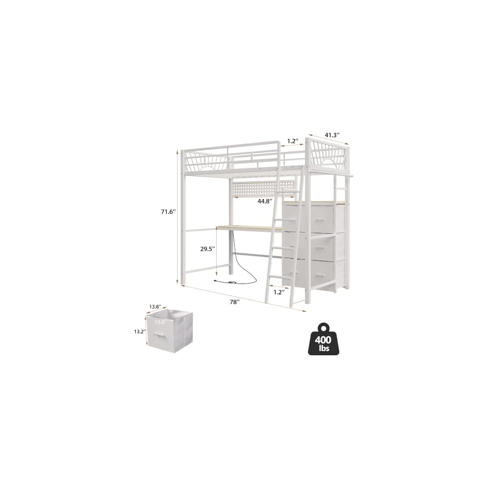 Decofy Twin Loft Bed with Desk and 6 Storage Drawers, Metal Twin Size Loft Beds with Charging Station & LED Lights, Bed Frame with Hanging Rod, Safety Ladder & Guardrail, Bedside Caddy for Kids, Teens