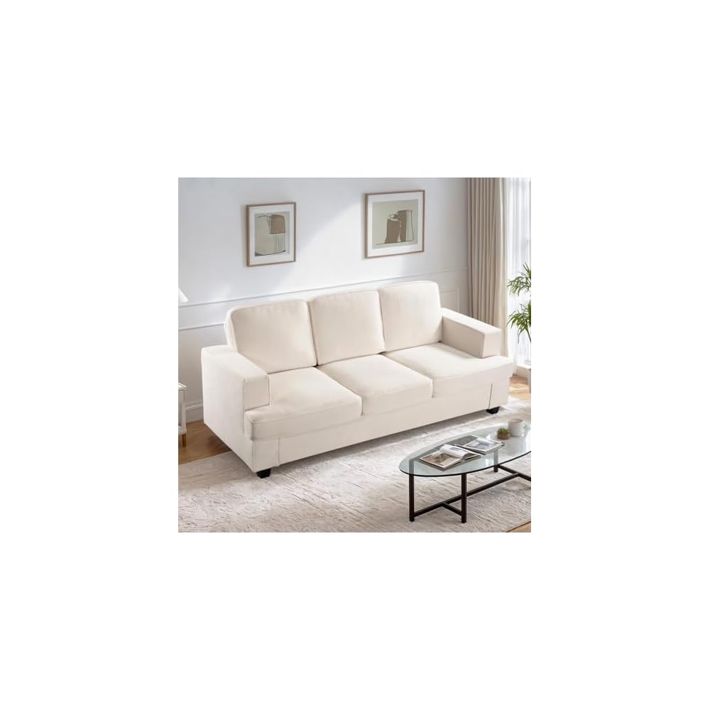 Modern Velvet Sofa Comfortable 3 Seater Couch with Deep Seating High-Density Foam Loose Back Cushions Wide Arms 84.25" Living Room Furniture Ivory