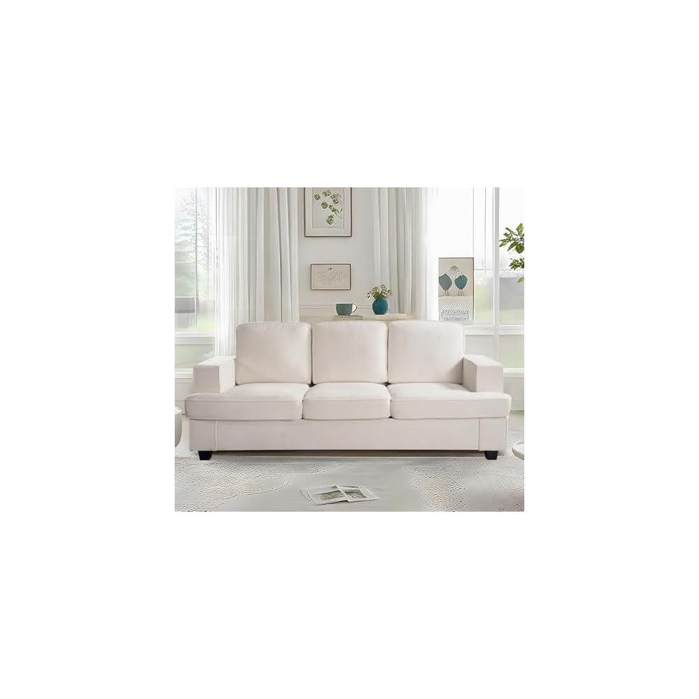 Modern Velvet Sofa Comfortable 3 Seater Couch with Deep Seating High-Density Foam Loose Back Cushions Wide Arms 84.25" Living Room Furniture Ivory