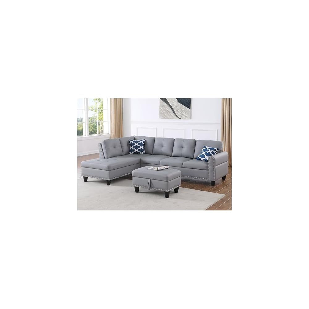 Ball & Cast 98" L Shaped Sectional Couch for Living Room with Storage Ottoman&Nailhead Trim,4 Seat Faux Leather Upholstered Modular Sectional Sofa Set 3 PCS W/Chaise&Cup Holders,for Home,Office,Gray