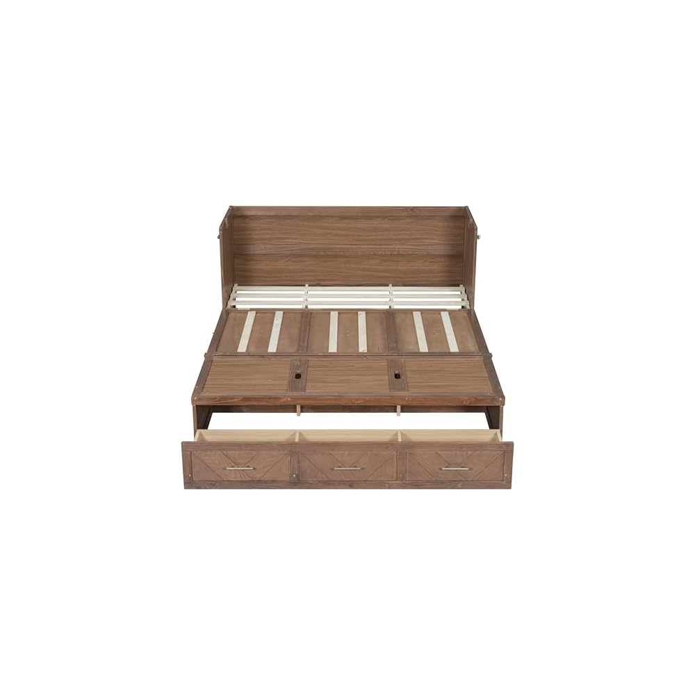 Bellemave Queen Size Murphy Bed with Charging Station and Storage, Farmhouse Murphy Bed with Foldable Panel for Guest Bedroom, Living Room, Office, Light Walnut
