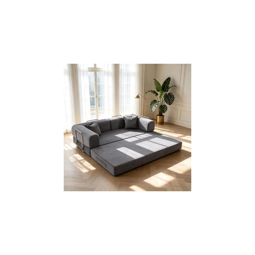 4-in-1 Floor Sofa King Size No Assembly, Upholstered Boneless Pull Out Couch Bed with 2 Pillows, Oversized Corduroy Foam Compressed Sofa Couch in A Box for Living Room Sleeper (Grey)