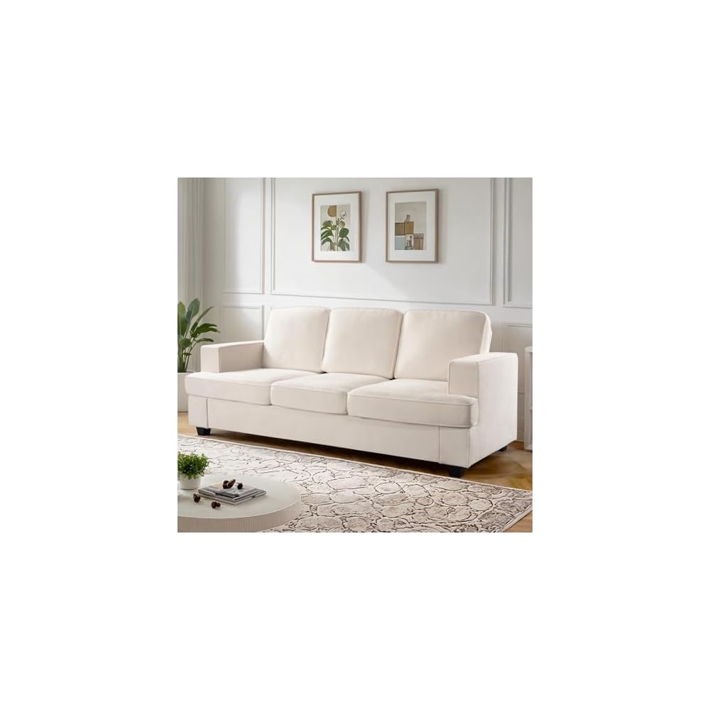Modern Velvet Sofa Comfortable 3 Seater Couch with Deep Seating High-Density Foam Loose Back Cushions Wide Arms 84.25" Living Room Furniture Ivory