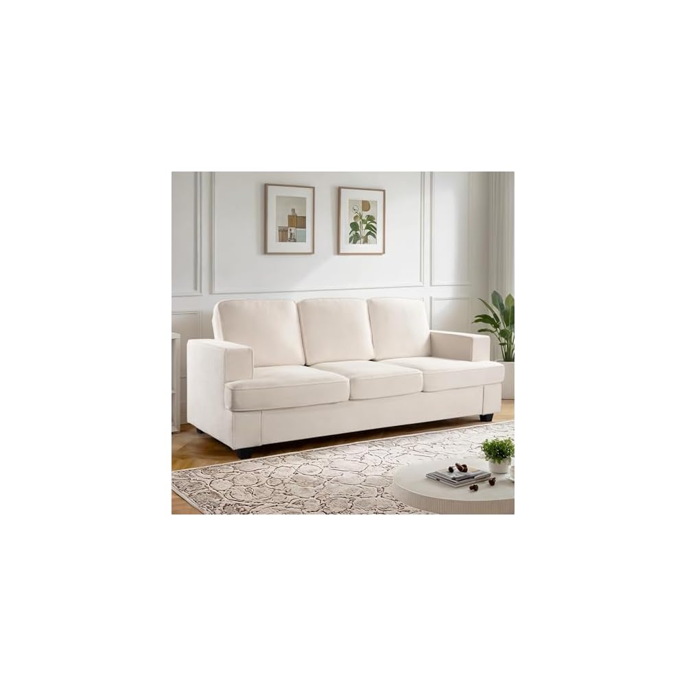 Modern Velvet Sofa Comfortable 3 Seater Couch with Deep Seating High-Density Foam Loose Back Cushions Wide Arms 84.25" Living Room Furniture Ivory