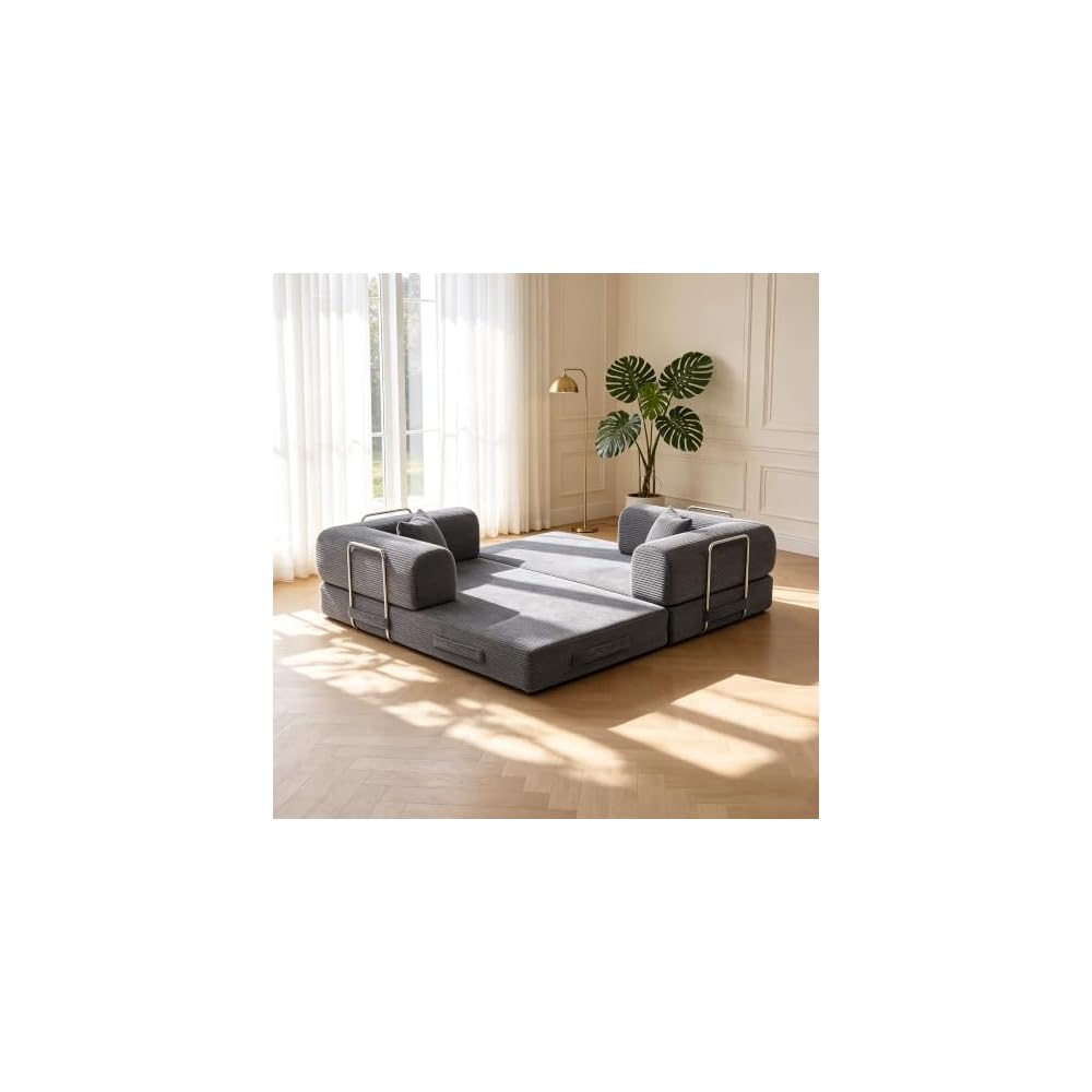 4-in-1 Floor Sofa King Size No Assembly, Upholstered Boneless Pull Out Couch Bed with 2 Pillows, Oversized Corduroy Foam Compressed Sofa Couch in A Box for Living Room Sleeper (Grey)