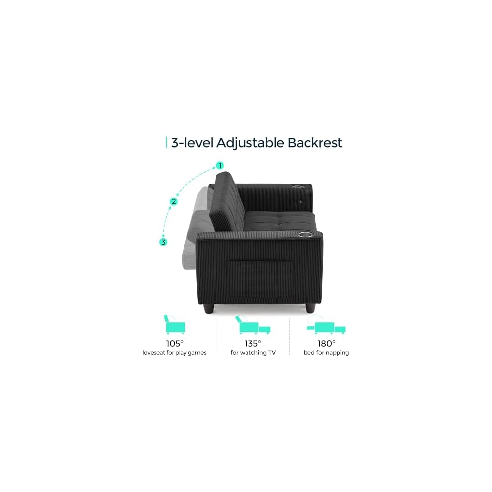 LINSY Sleeper Sofa Bed, 54" Pull Out Couch with Charging Station & Cup Holder, Small 3 in 1 Convertible Loveseat Sleeper Couch for Apartment, Dorm Room, Bedroom and Small Space, Corduroy Black