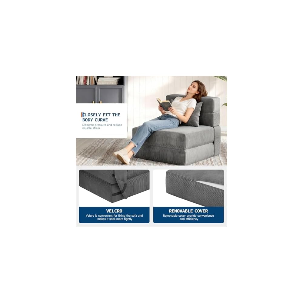 73" Folding Sofa Bed Sleeper Chair, Convertible Futon Couch with Pillow, Single Size Foldable Mattress for Living Room, Dorm, Apartment & Home Office, Modern Linen Fabric,Small