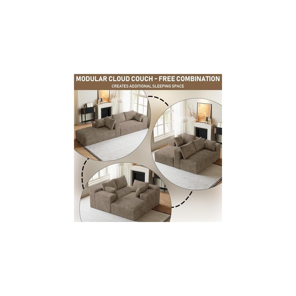 96" L-Shaped Cloud Boneless Couch Sofa with Chaise, Brown