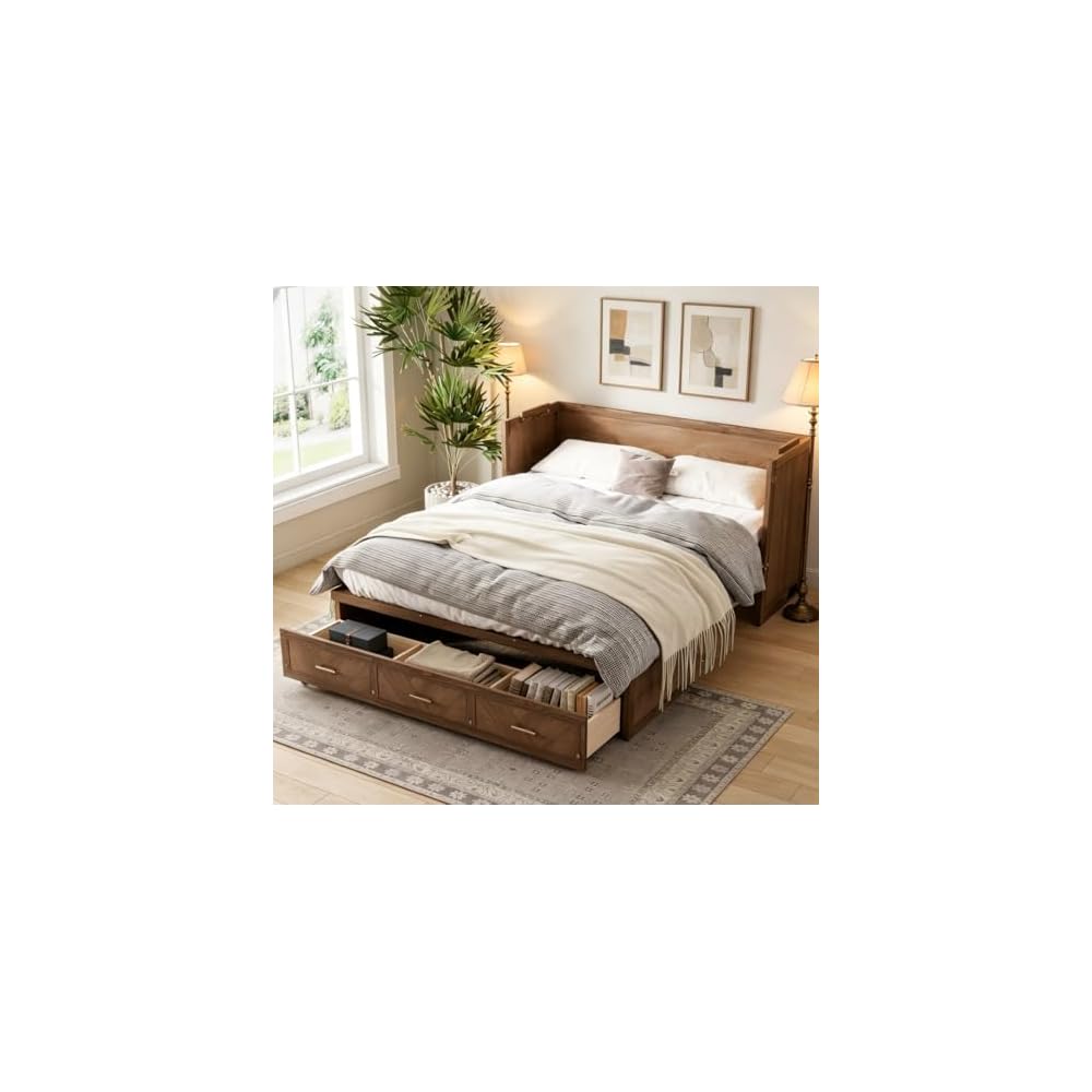 Bellemave Queen Size Murphy Bed with Charging Station and Storage, Farmhouse Murphy Bed with Foldable Panel for Guest Bedroom, Living Room, Office, Light Walnut