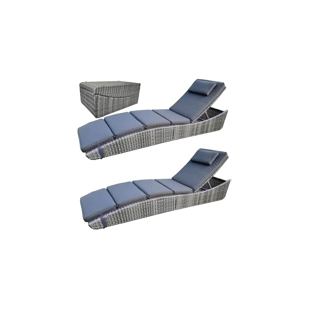 BTEXPERT Set of 2, Foldable Outdoor Chaise Pool Lounge Chairs Folding Wicker Rattan Sun Bed Patio Couch Reclining Lounger Adjustable Padded Backrest Pillow Assembled - Grey - Two