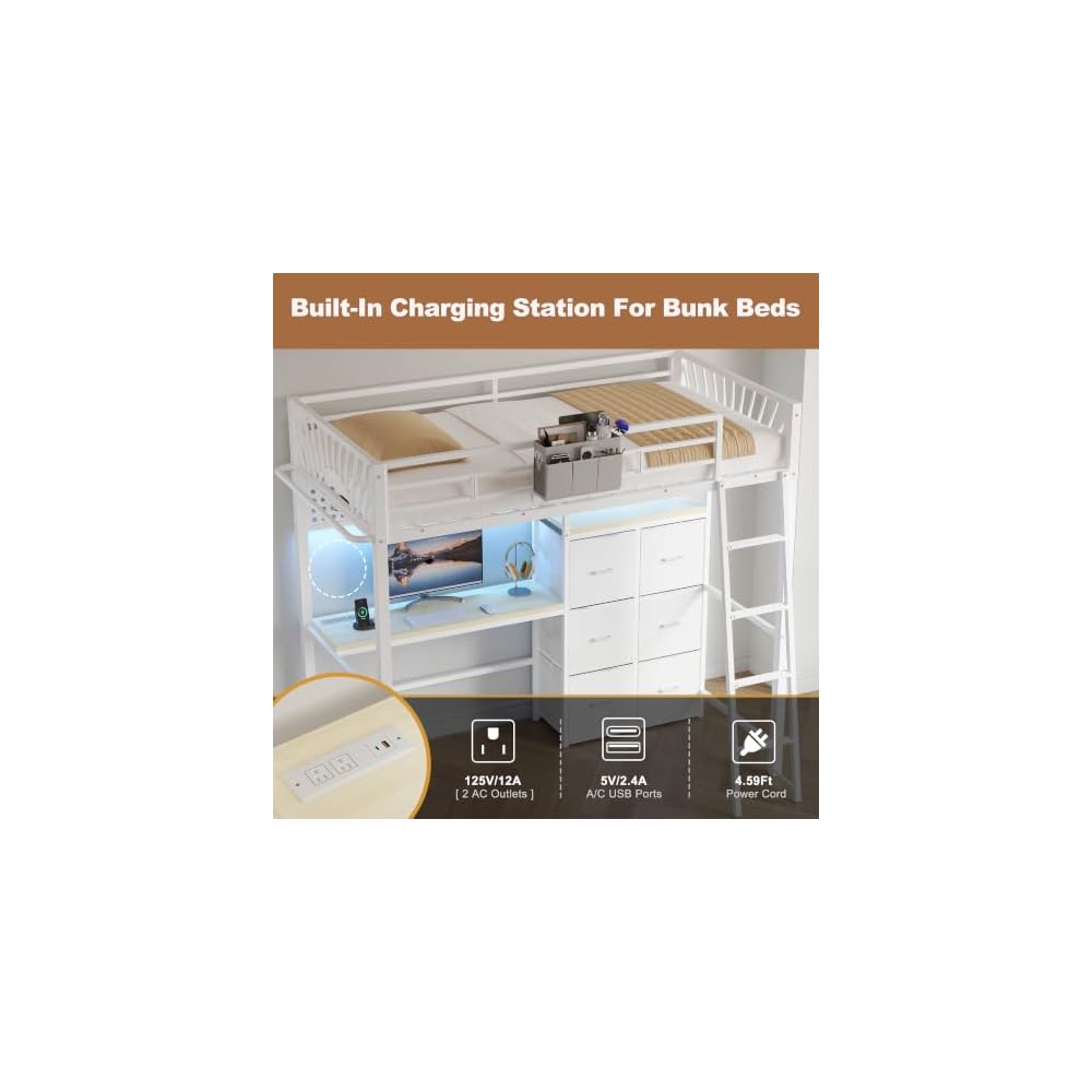 Decofy Twin Loft Bed with Desk and 6 Storage Drawers, Metal Twin Size Loft Beds with Charging Station & LED Lights, Bed Frame with Hanging Rod, Safety Ladder & Guardrail, Bedside Caddy for Kids, Teens
