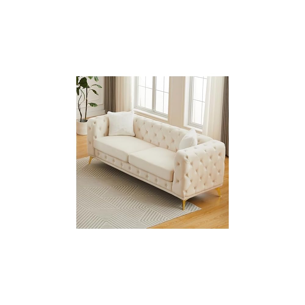 KEIKI 83" Luxury Oversized Velvet Chesterfield Sofa with 2 Pillows, Mid-Century Style 3-Seater Tufted Buttons Couch with High-Density Foam Cushions, Easy Assembly, for Apartment, Living Room, Beige