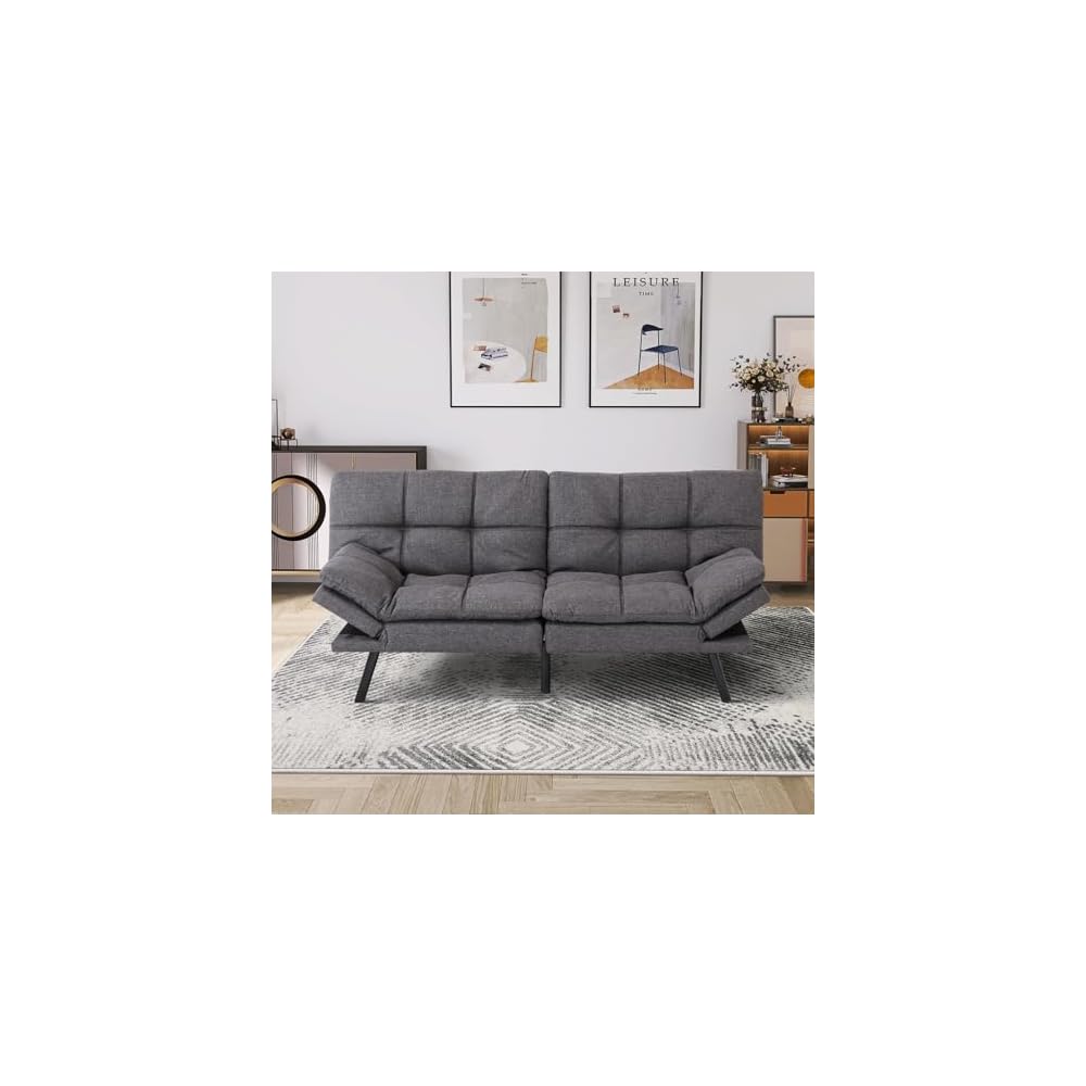 MUUEGM 71'' Futon Sofa Bed Couch, Convertible Futon Sofa Couch, Fabric Futon Couch with Adjustable Backrest, Modern Sofa Bed for Living Room, Apartment, Office, Small Room (Grey)