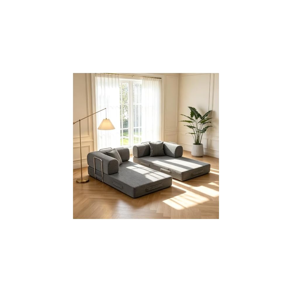 4-in-1 Floor Sofa King Size No Assembly, Upholstered Boneless Pull Out Couch Bed with 2 Pillows, Oversized Corduroy Foam Compressed Sofa Couch in A Box for Living Room Sleeper (Grey)