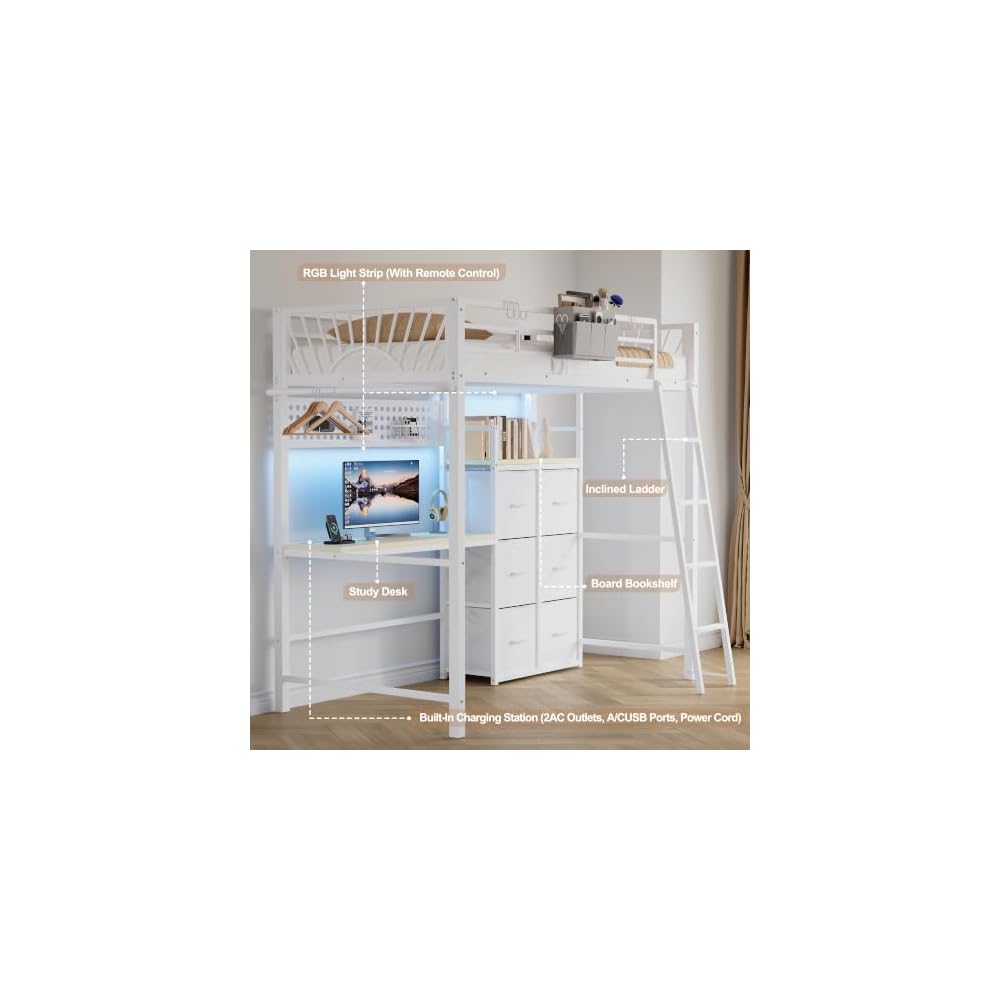 Decofy Twin Loft Bed with Desk and 6 Storage Drawers, Metal Twin Size Loft Beds with Charging Station & LED Lights, Bed Frame with Hanging Rod, Safety Ladder & Guardrail, Bedside Caddy for Kids, Teens