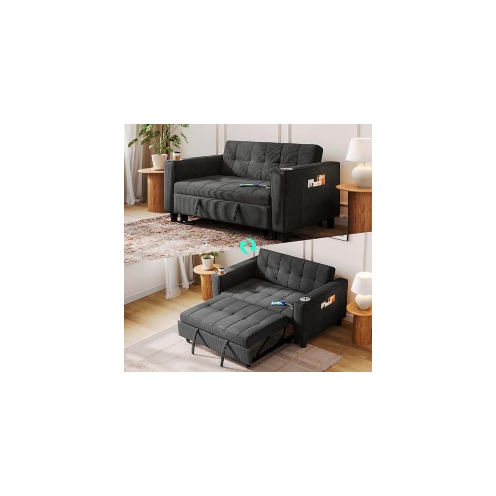 LINSY Sleeper Sofa Bed, 54" Pull Out Couch with Charging Station & Cup Holder, Small 3 in 1 Convertible Loveseat Sleeper Couch for Apartment, Dorm Room, Bedroom and Small Space, Corduroy Black