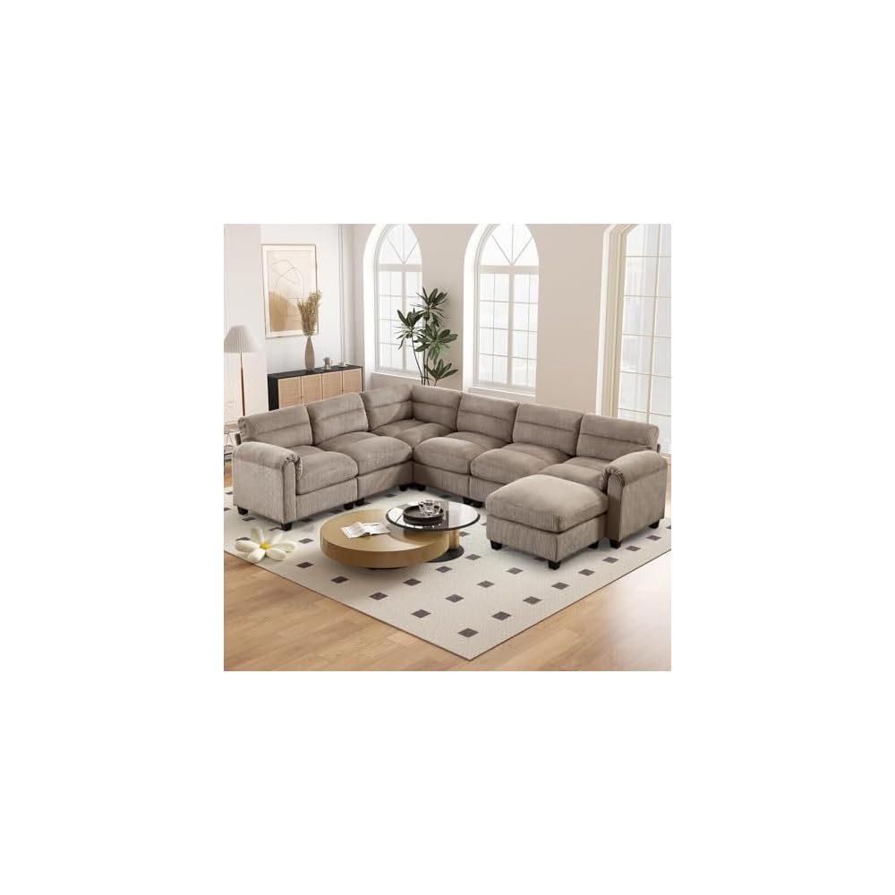 HAOMARKETS 115" Modular Sectional Sofa Couch with Movable Ottoman, Oversized Corduroy U Shaped Sectional Couches with Rolled Arms, 7-Seater Corner Sofas with Reversible Chaises for Living Room, Brown