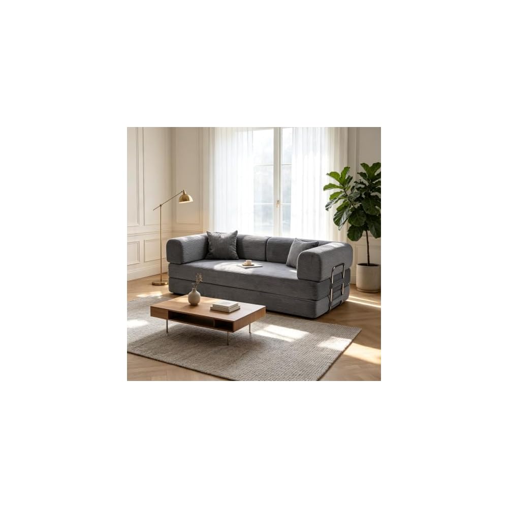 4-in-1 Floor Sofa King Size No Assembly, Upholstered Boneless Pull Out Couch Bed with 2 Pillows, Oversized Corduroy Foam Compressed Sofa Couch in A Box for Living Room Sleeper (Grey)