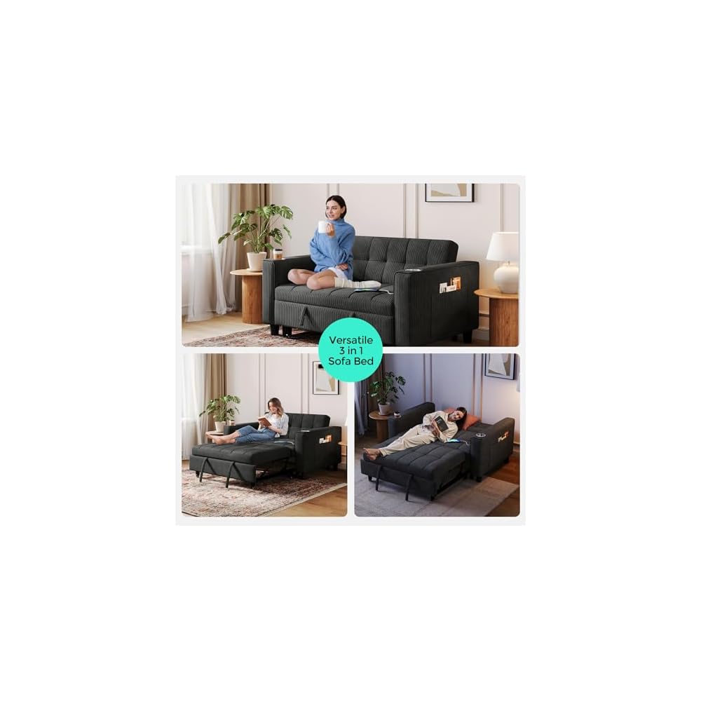 LINSY Sleeper Sofa Bed, 54" Pull Out Couch with Charging Station & Cup Holder, Small 3 in 1 Convertible Loveseat Sleeper Couch for Apartment, Dorm Room, Bedroom and Small Space, Corduroy Black