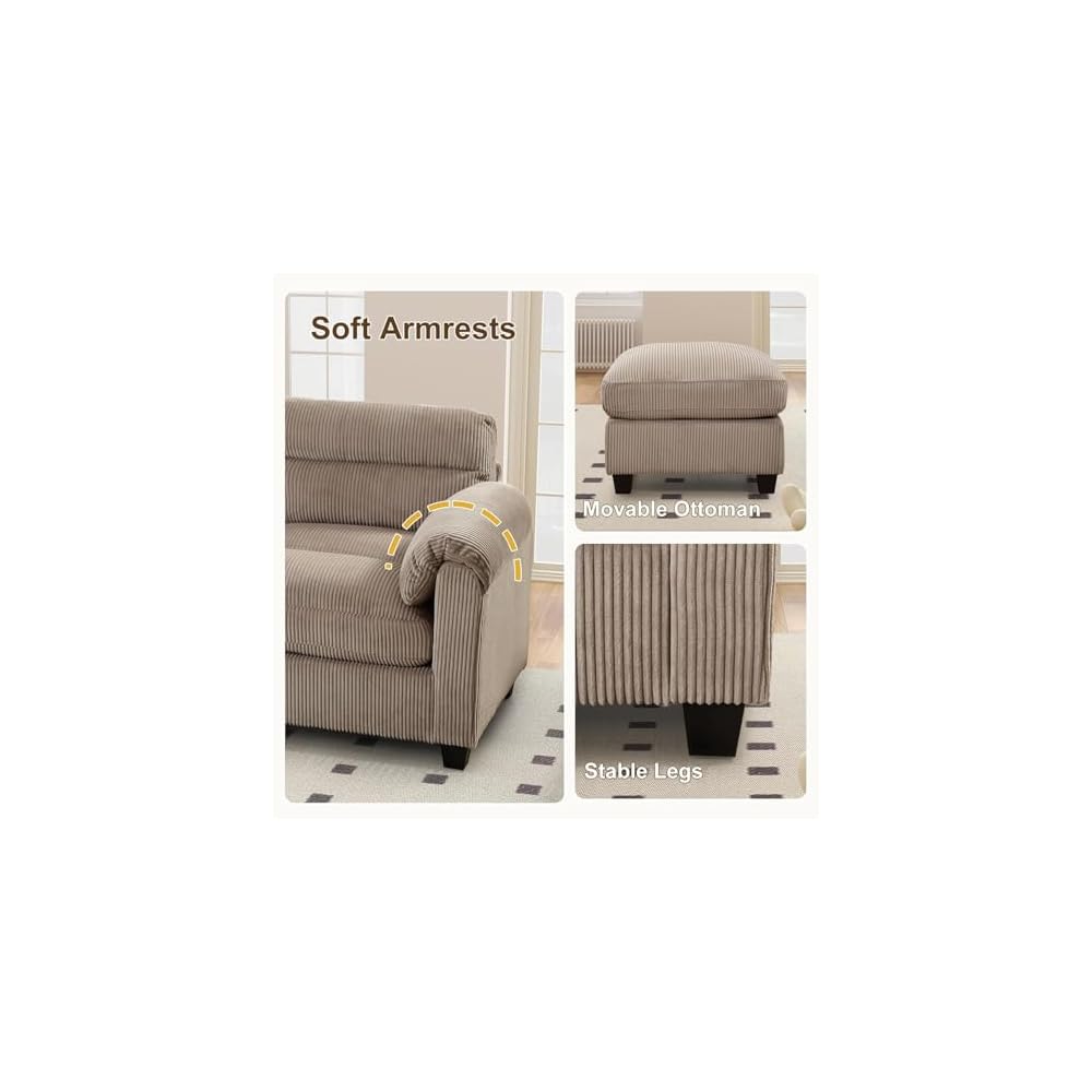 HAOMARKETS 115" Modular Sectional Sofa Couch with Movable Ottoman, Oversized Corduroy U Shaped Sectional Couches with Rolled Arms, 7-Seater Corner Sofas with Reversible Chaises for Living Room, Brown