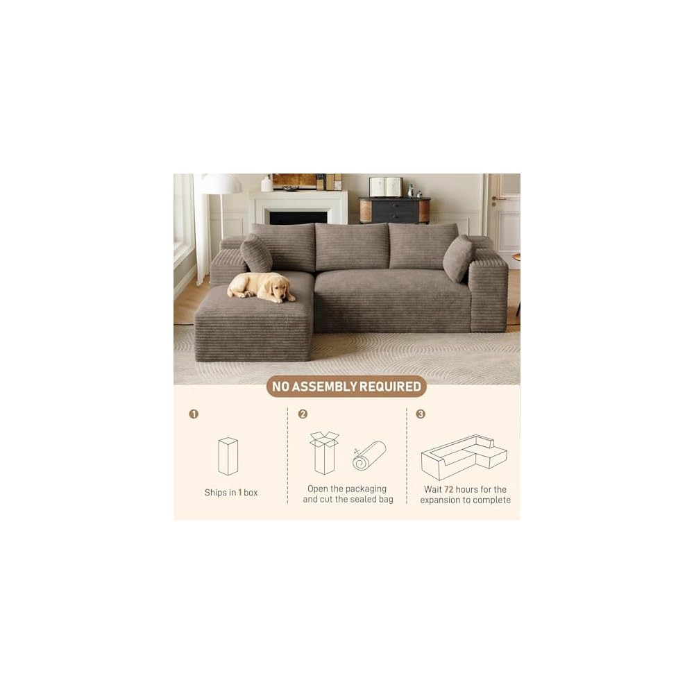 96" L-Shaped Cloud Boneless Couch Sofa with Chaise, Brown