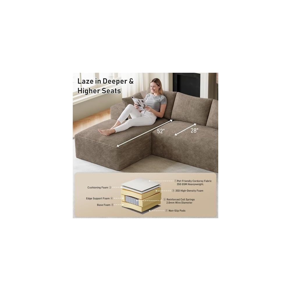 96" L-Shaped Cloud Boneless Couch Sofa with Chaise, Brown