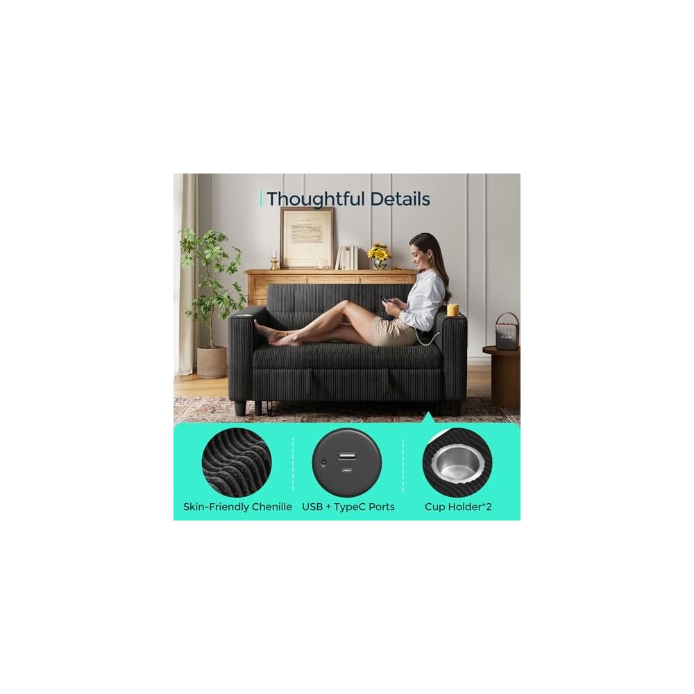 LINSY Sleeper Sofa Bed, 54" Pull Out Couch with Charging Station & Cup Holder, Small 3 in 1 Convertible Loveseat Sleeper Couch for Apartment, Dorm Room, Bedroom and Small Space, Corduroy Black