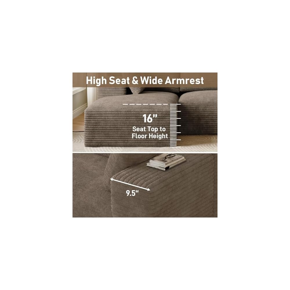 96" L-Shaped Cloud Boneless Couch Sofa with Chaise, Brown
