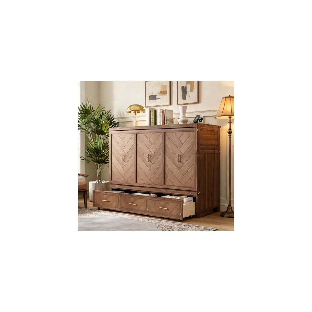 Bellemave Queen Size Murphy Bed with Charging Station and Storage, Farmhouse Murphy Bed with Foldable Panel for Guest Bedroom, Living Room, Office, Light Walnut