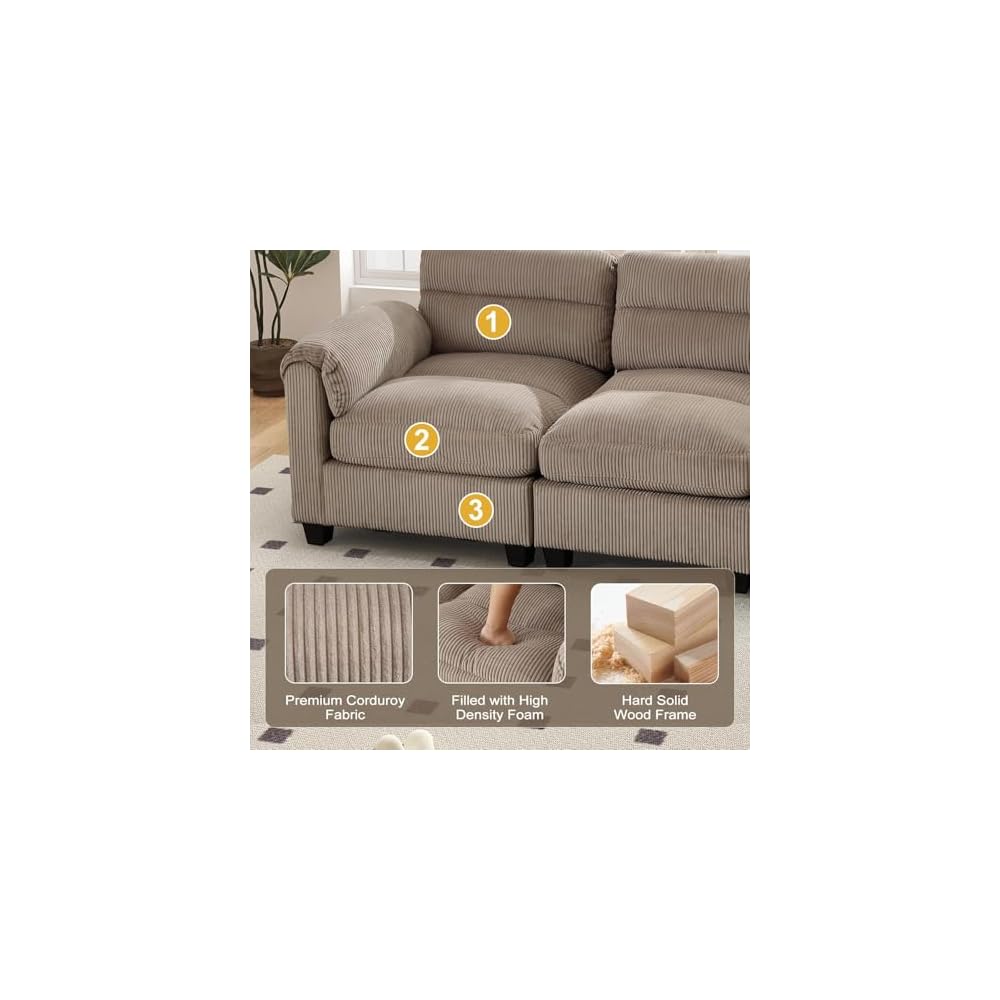 HAOMARKETS 115" Modular Sectional Sofa Couch with Movable Ottoman, Oversized Corduroy U Shaped Sectional Couches with Rolled Arms, 7-Seater Corner Sofas with Reversible Chaises for Living Room, Brown
