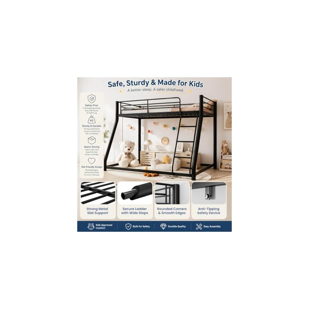 Twin over Full Bunk Bed, Heavy Duty 400 lbs Bed Frame, Low Profile Design