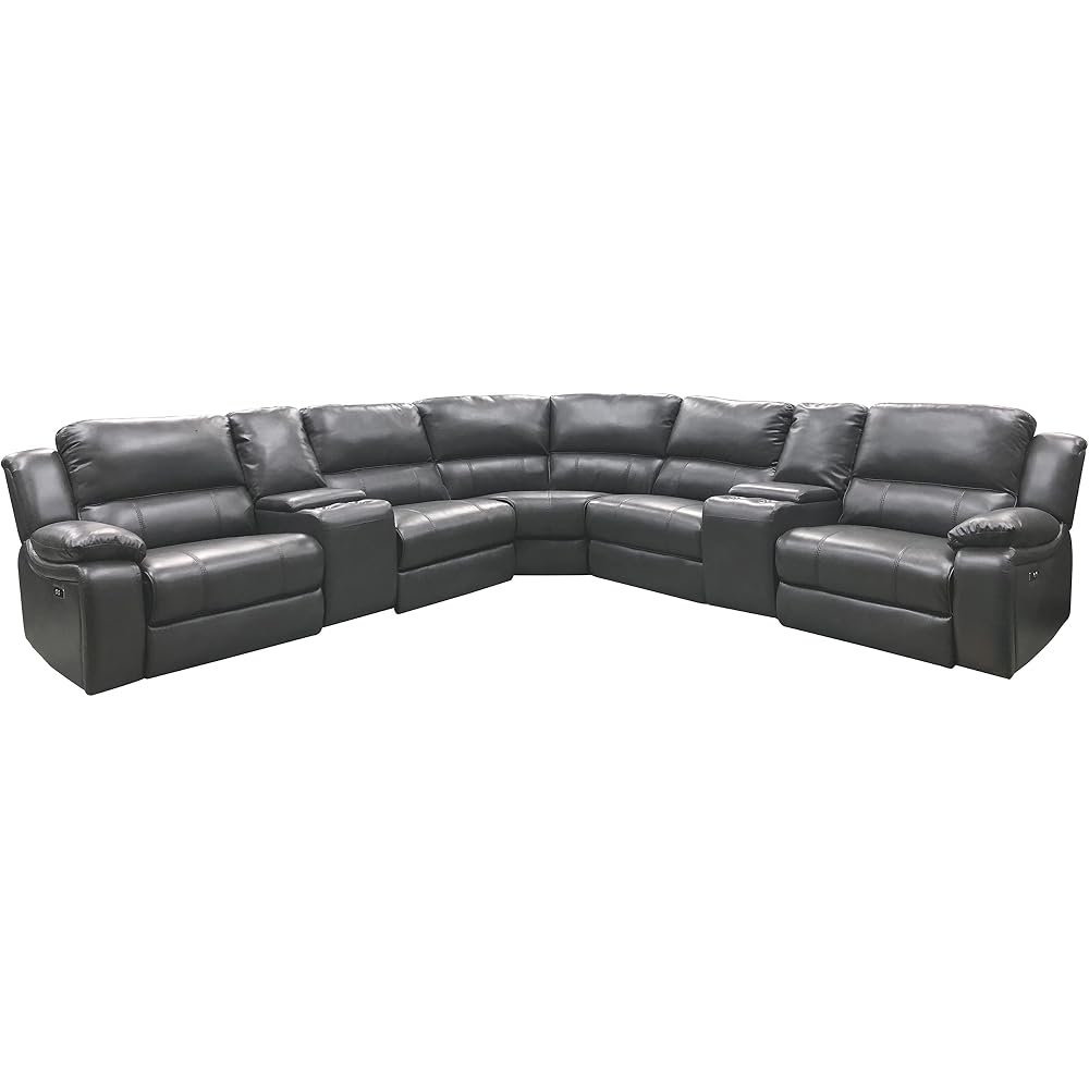 AC Pacific Brady 7 Piece Sectional Power Reclining Sofa | Faux Leather Couch with Storage Consoles, Cup Holders & USB Ports | Brown