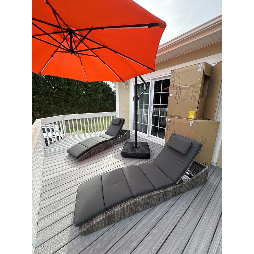 BTEXPERT Set of 2, Foldable Outdoor Chaise Pool Lounge Chairs Folding Wicker Rattan Sun Bed Patio Couch Reclining Lounger Adjustable Padded Backrest Pillow Assembled - Grey - Two
